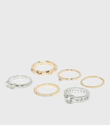 6 Pack Gold and Silver Diamante Rings New Look