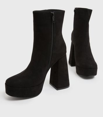 Black Suedette Chunky Block Heel Platform Boots New Look