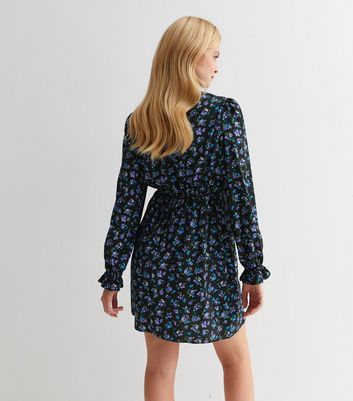 Black Floral High Neck Long Puff Sleeve Mini Dress New Look