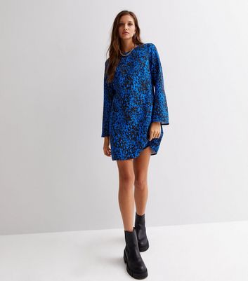 Blue Animal Print Long Wide Sleeve Mini Tunic Dress