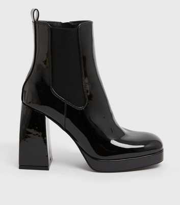 Black Patent Square Toe Block Heel Chelsea Boots