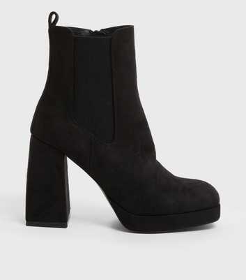 Black Suedette Square Toe Block Heel Chelsea Boots