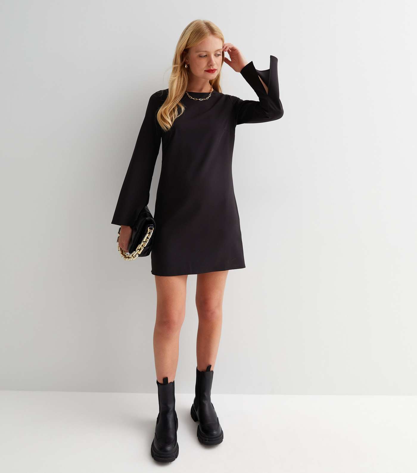 Black Long Wide Sleeve Mini Tunic Dress Image 2