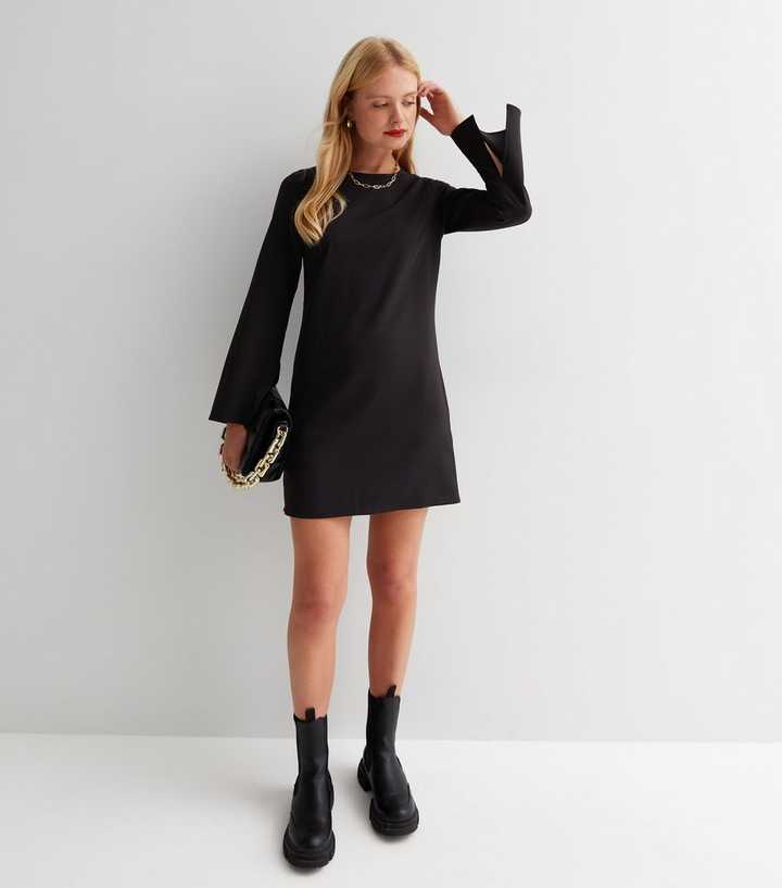 Simple Style Black Long Sleeve Tunic Dress
