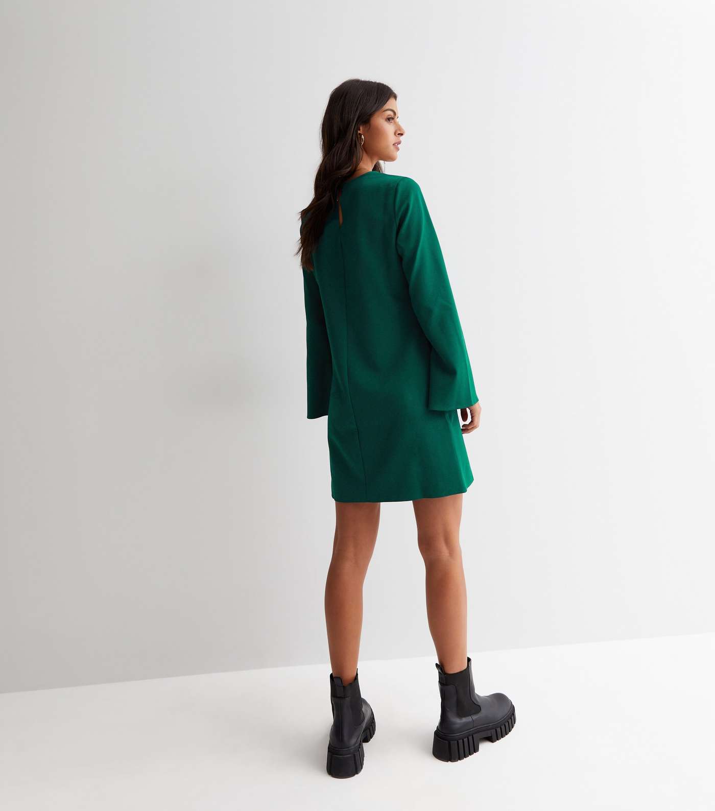 Dark Green Long Wide Sleeve Mini Tunic Dress Image 4