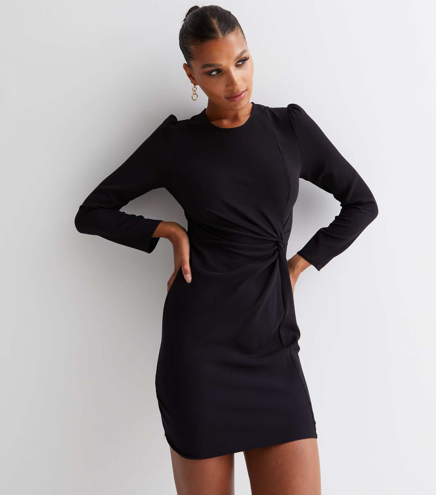 Black Twist Front Long Sleeve Mini Dress