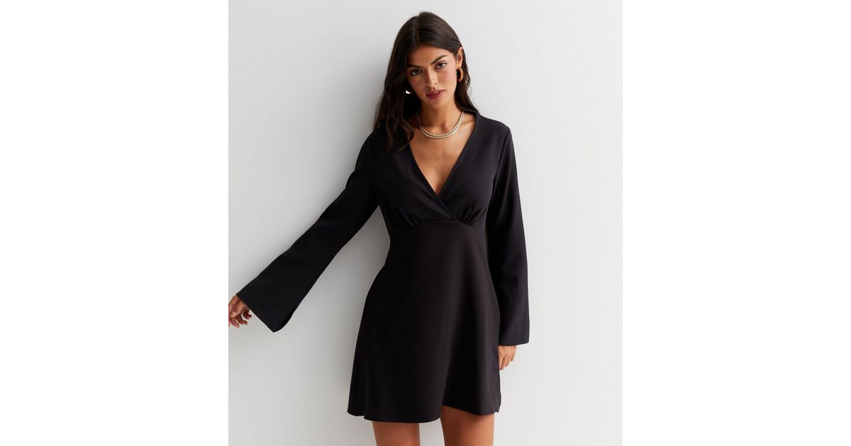 Black Long Wide Sleeve Mini Tunic Wrap Dress | New Look