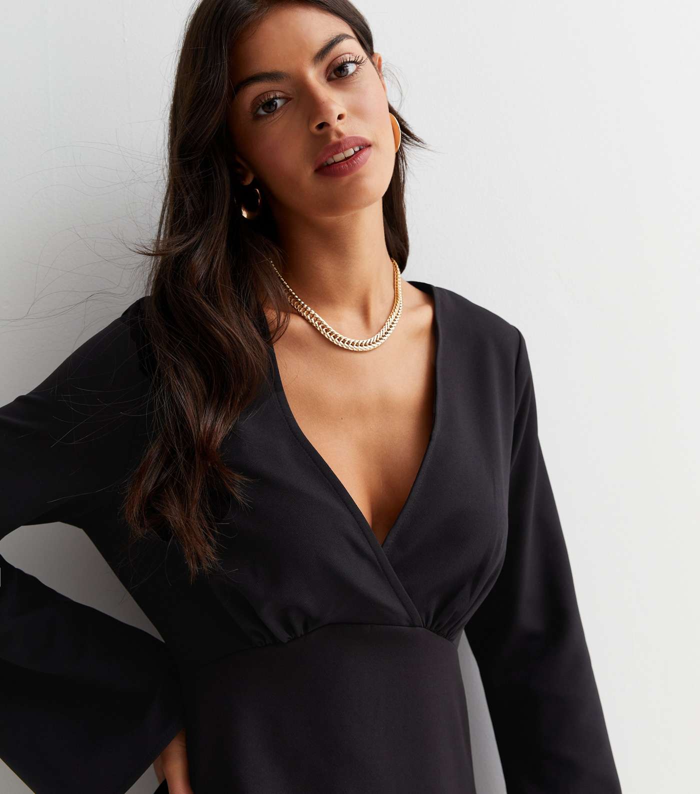 Black Long Wide Sleeve Mini Tunic Wrap Dress Image 3