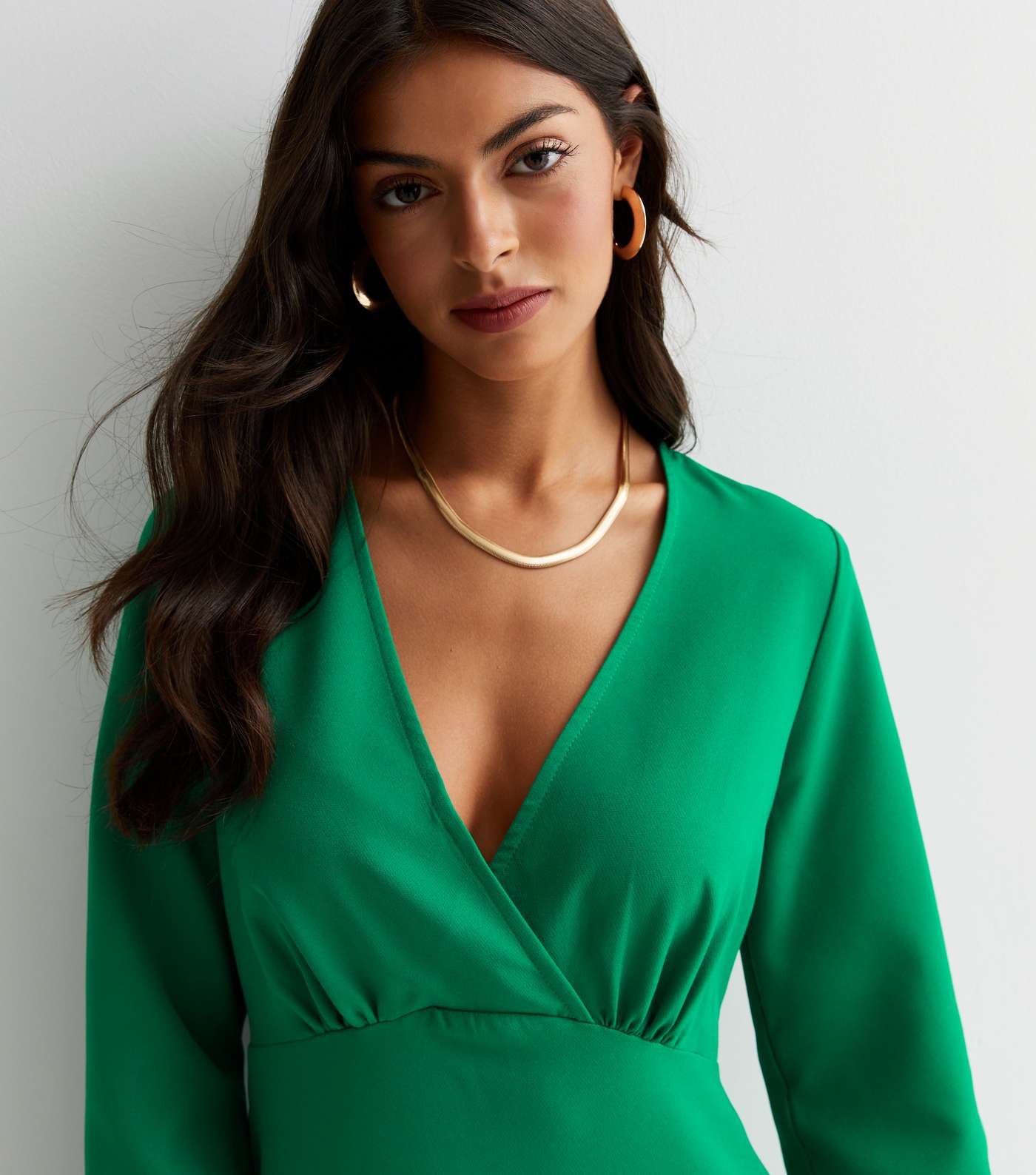 Green Long Wide Sleeve Mini Tunic Wrap Dress Image 3