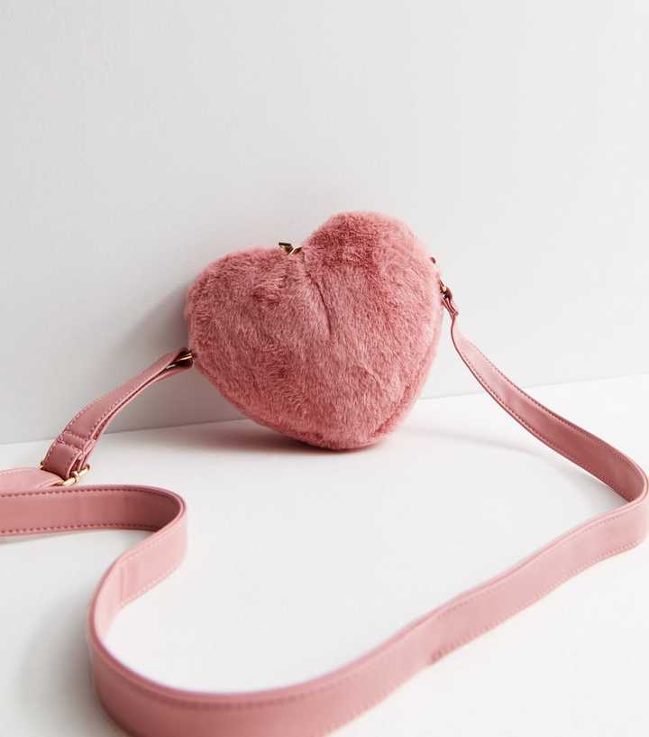 Pink Faux Fur Heart Crossbody Bag