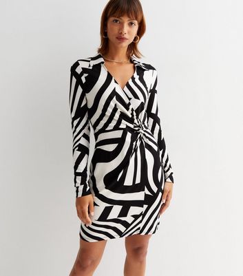 Black Swirl Jersey Collared Mini Wrap Dress