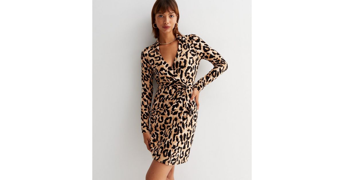 Brown Leopard Print Jersey Collared Mini Wrap Dress New Look