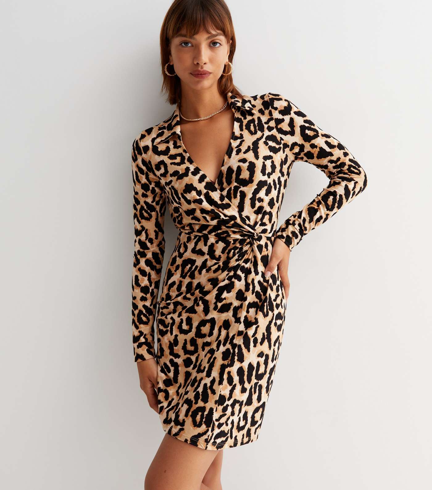 Brown Leopard Print Jersey Collared Mini Wrap Dress