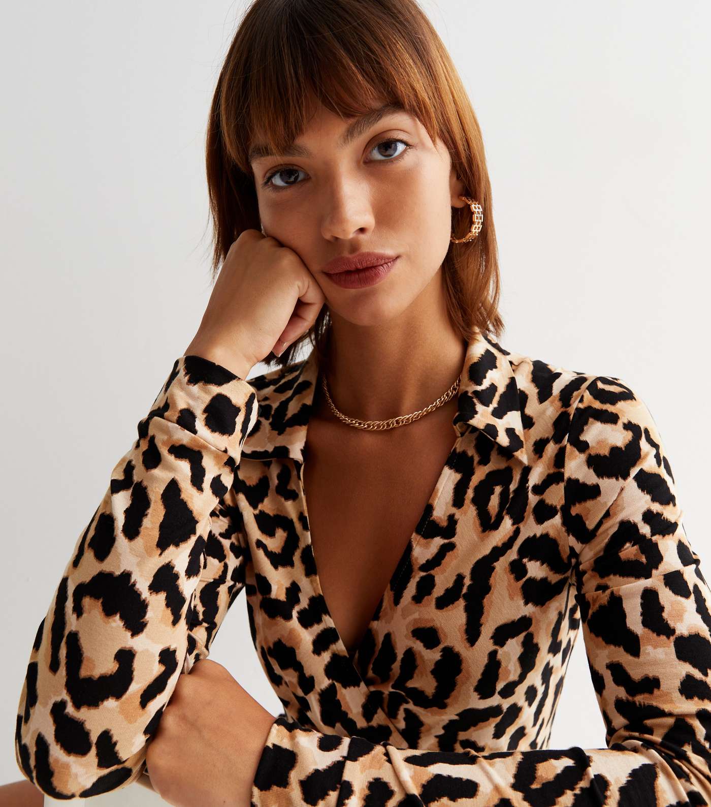 Brown Leopard Print Jersey Collared Mini Wrap Dress Image 3
