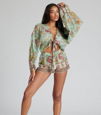 South Beach Light Green Paisley Cut Out Playsuit