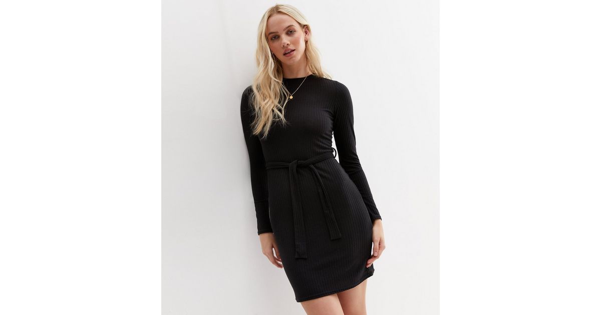 Black Ribbed Long Sleeve Belted Mini Dress | New Look