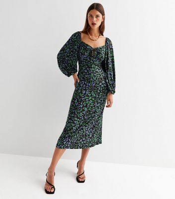 Black Animal Print Jersey Tie Front Midi Dress