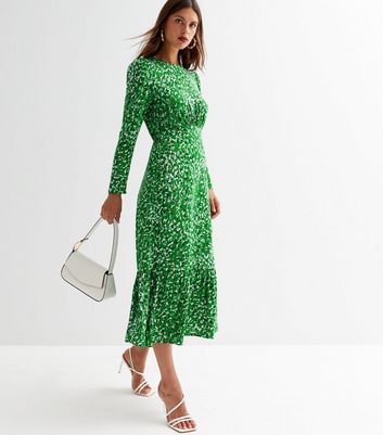 Green Animal Print Tiered Puff Sleeve Midi Dress