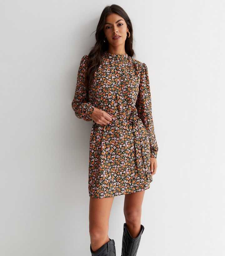 Brown Floral High Neck Long Sleeve Belted Mini Dress | New Look