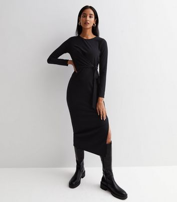 Black Ribbed Jersey Tie Side Long Sleeve Midi Dress