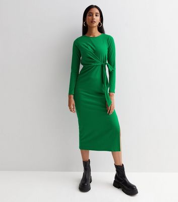 Green Ribbed Jersey Tie Side Long Sleeve Midi Dress