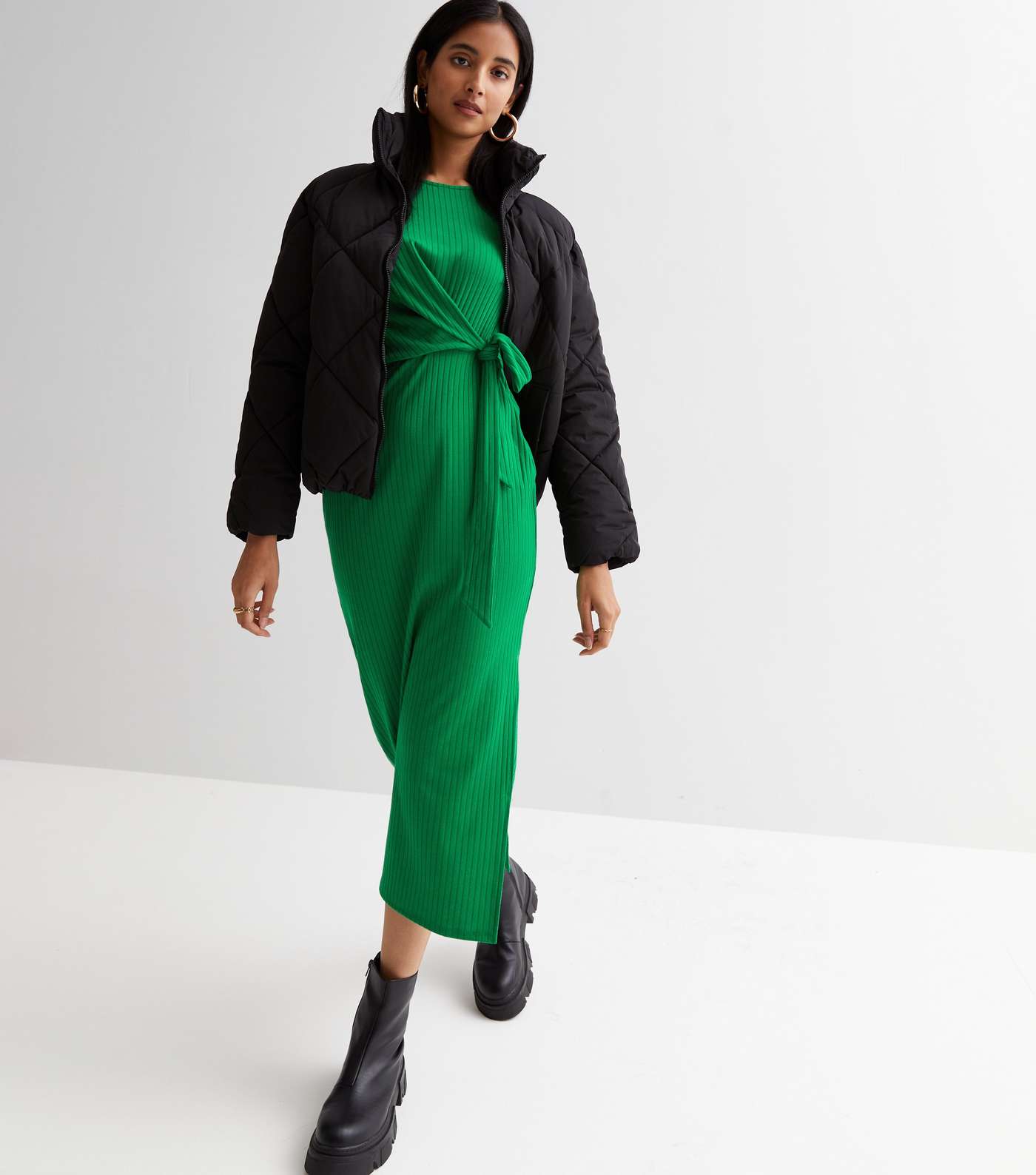 Green Ribbed Jersey Tie Side Long Sleeve Midi Dress Image 3