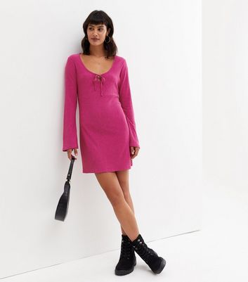 Deep Pink Crinkle Jersey Tie Front Flared Sleeve Mini Dress New Look