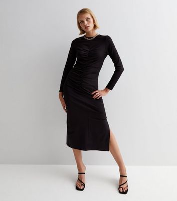 Black Ruched Front Long Sleeve Midi Dress