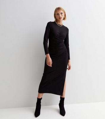 Black Ruched Front Long Sleeve Midi Dress | New Look