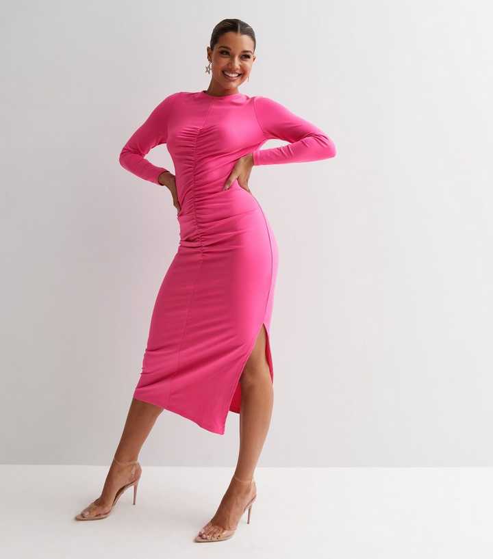 Deep Pink Ruched Front Long Sleeve Midi Dress
