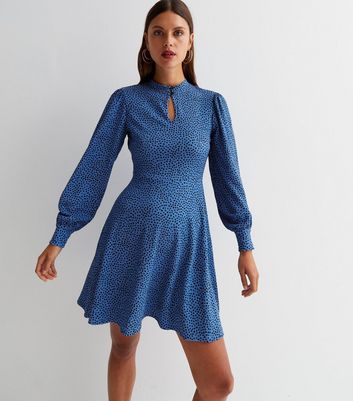 Blue Spot Crinkle Jersey High Neck Mini Dress