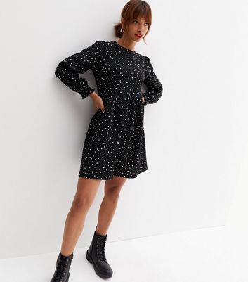 Black Spot Crinkle Long Sleeve Mini Smock Dress