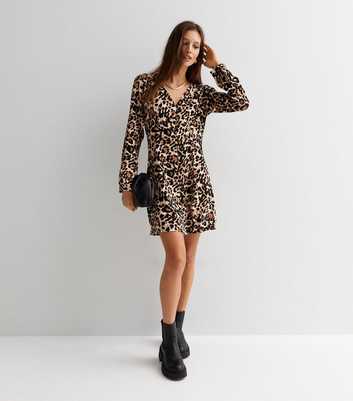 Brown Leopard Print V Neck Button Front Mini Tea Dress