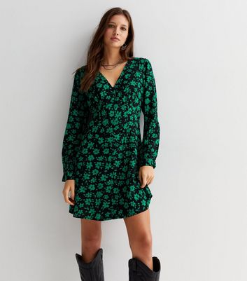 Black Floral Button Long Sleeve Mini Dress