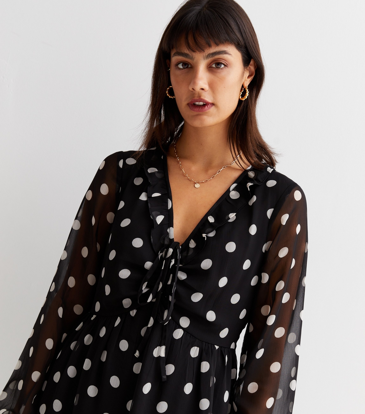 Women's Black Spot Chiffon Frill V Neck Long Sleeve Mini Dress New Look