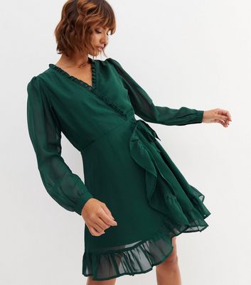 Cameo Rose Dark Green Satin Long Puff Sleeve Midi Wrap Dress