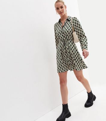Black Geometric Satin Belted Mini Shirt Dress