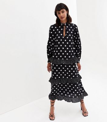 Black Spot Crepe Frill Midi Smock Dress