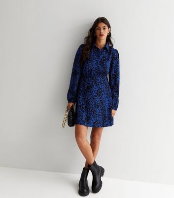 Blue Leopard Print Button Front Mini Shirt Dress | New Look