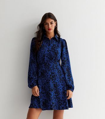 Blue leopard store print shirt dress