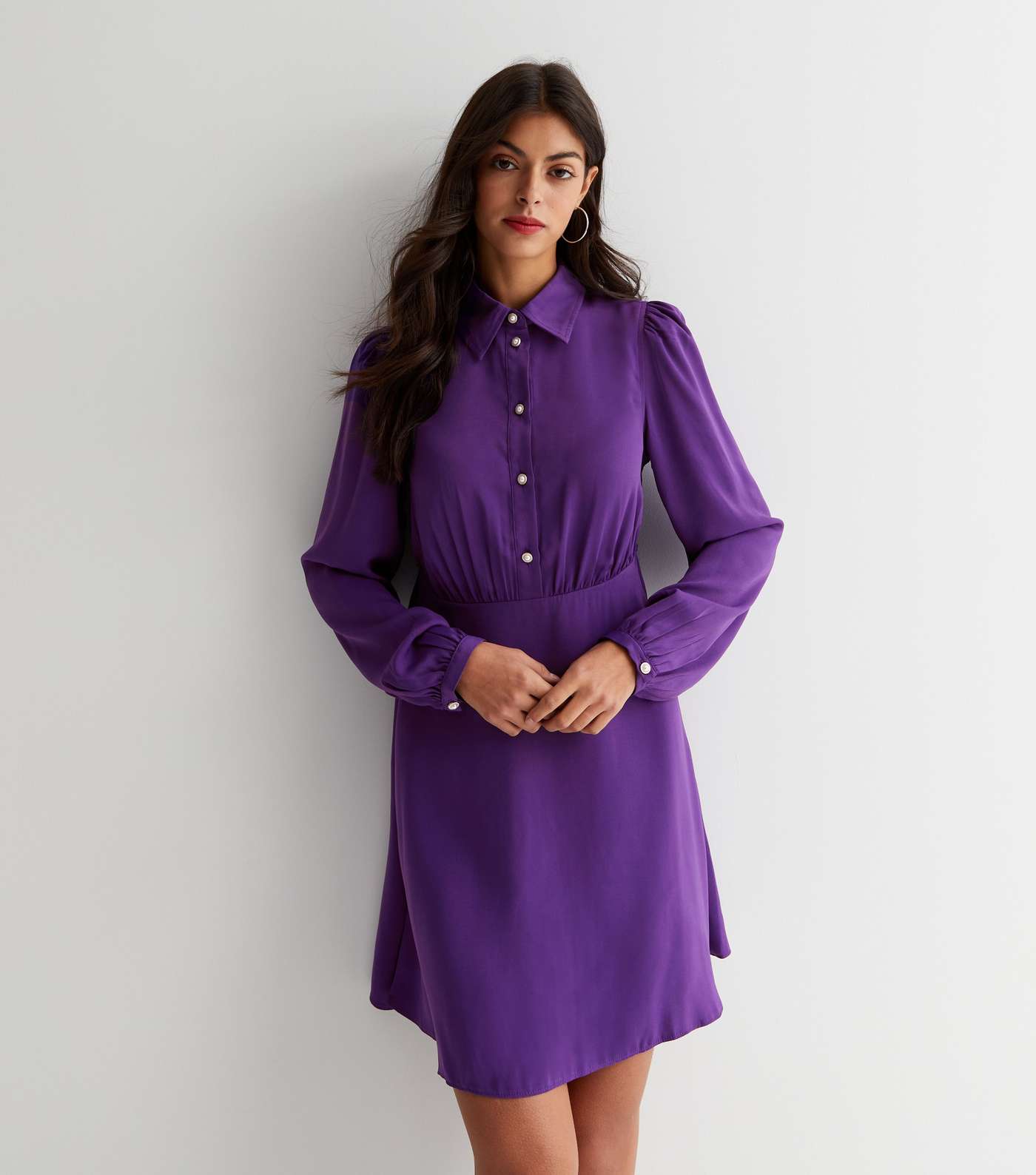 Dark Purple Faux Pearl Button Mini Shirt Dress
