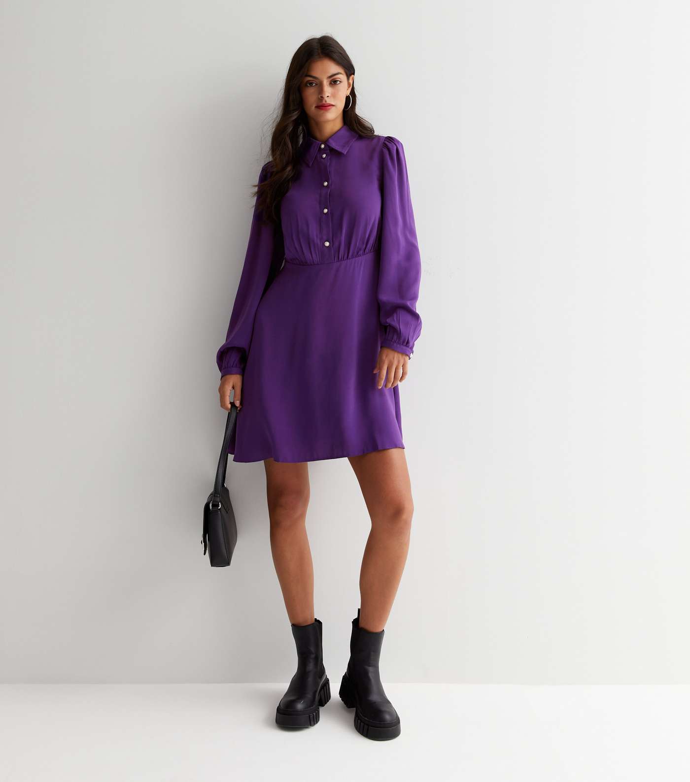 Dark Purple Faux Pearl Button Mini Shirt Dress Image 3