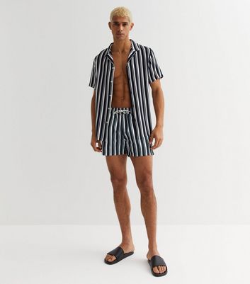 Men's Navy Stripe Swim Shorts New Look