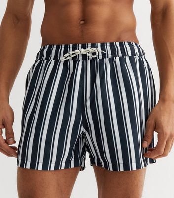 Mens black and on sale white striped swim trunks