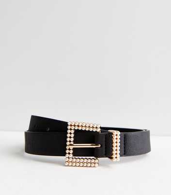 Black Leather-Look Faux Pearl Buckle Belt