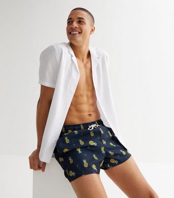 Men's Navy Pineapple Swim Shorts New Look