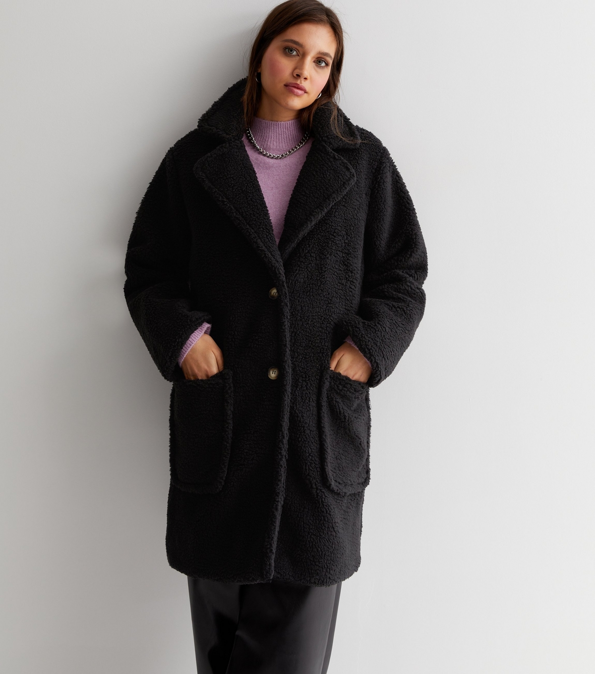 Women's Black Teddy Long Coat Gini London New Look