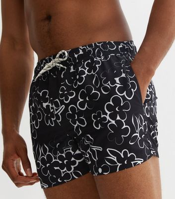 Men's Black Daisy Tie Waist Swim Shorts New Look