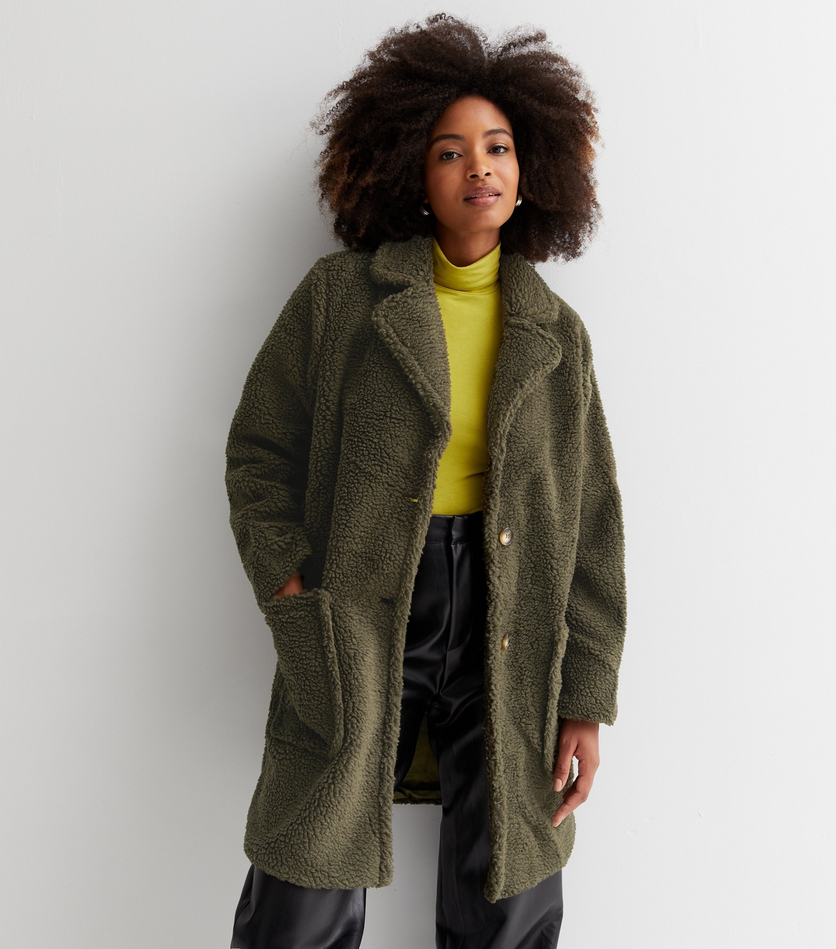 Women's Khaki Teddy Long Coat Gini London New Look