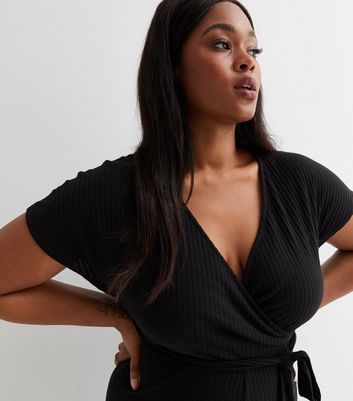 Curves Black Ribbed Wrap Crop Jumpsuit 